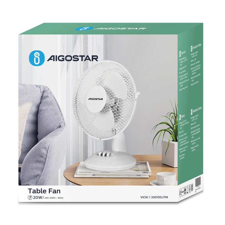 Aigostar - Lauaventilaator 20W/230V valge