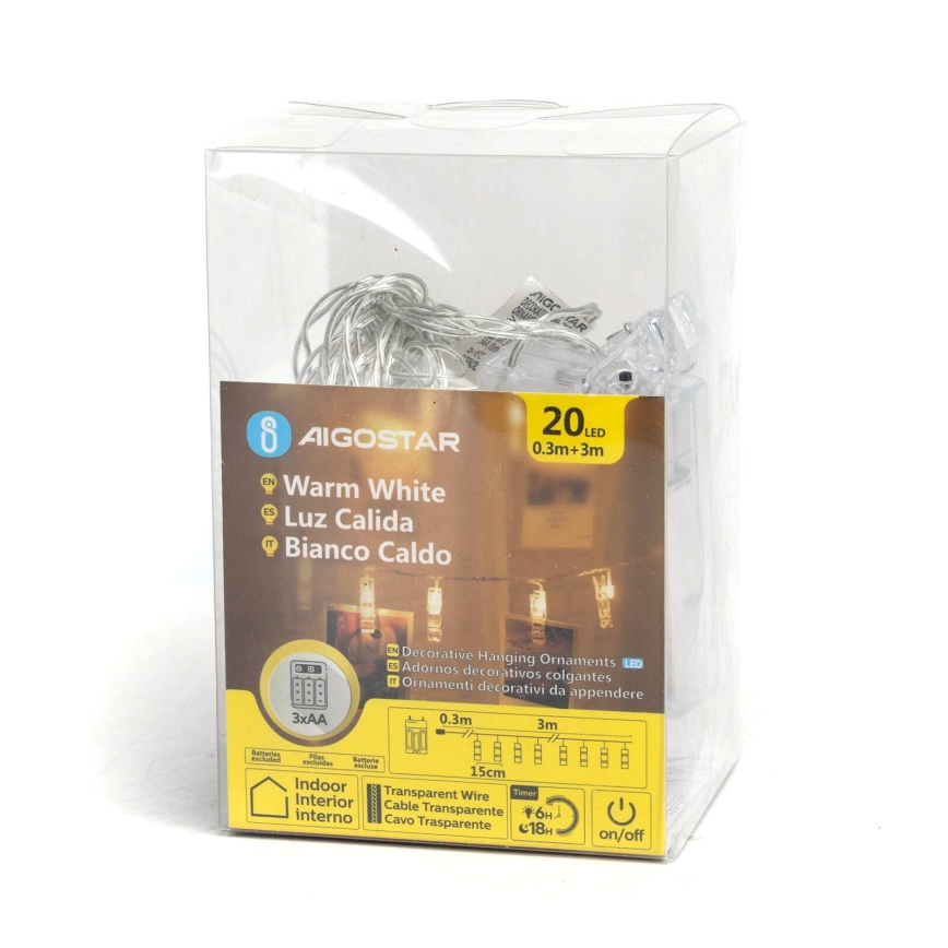Aigostar - LED dekoratiivkett klambritega 20xLED/3xAA 3,3m soe valge