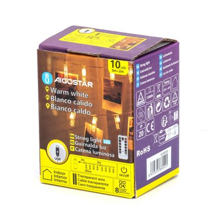 Aigostar - LED dekoratiivne valguskett 10×LED/5W/USB, 5 m, soe valge