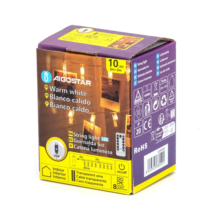 Aigostar - LED dekoratiivne valguskett 10×LED/5W/USB, 5 m, soe valge