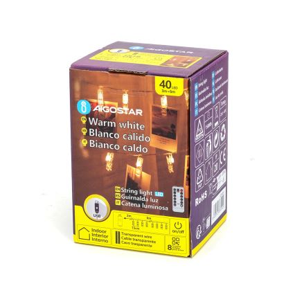 Aigostar - LED dekoratiivne valguskett 40xLED/5W/USB 9 m soe valge