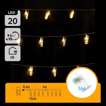 Aigostar - LED-dekoratsioonikett riideklambritega 20xLED/3xAA 3,3m soe valge