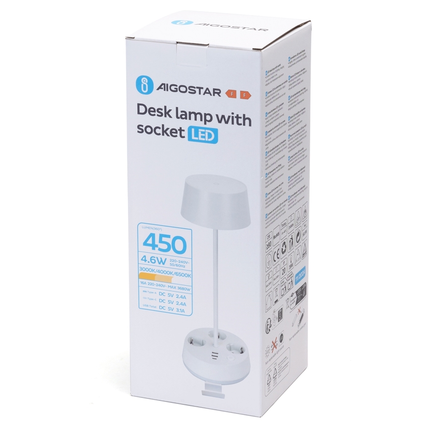 Aigostar - LED dimmerdatav lamp, mille pistikut ja USB LED/4.6W/230V 3000/4000/6500K valge
