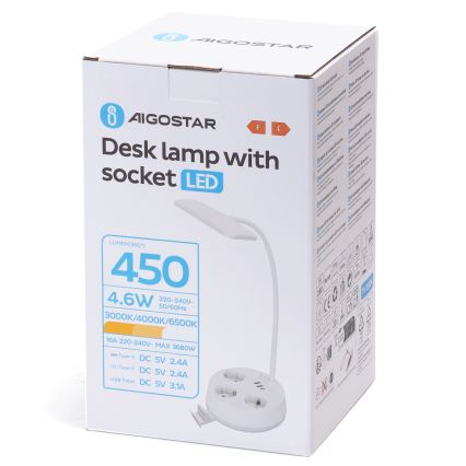 Aigostar - LED dimmerdatud lauavalgusti koos pistikupesade ja USB-ga LED/4,6W/230V 3000/4000/6500K valge