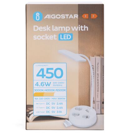 Aigostar - LED dimmerdatud lauavalgusti koos pistikupesade ja USB-ga LED/4,6W/230V 3000/4000/6500K valge