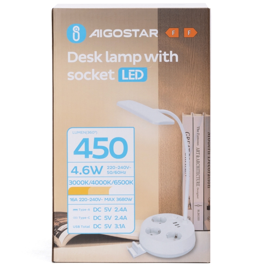 Aigostar - LED dimmerdatud lauavalgusti koos pistikupesade ja USB-ga LED/4,6W/230V 3000/4000/6500K valge