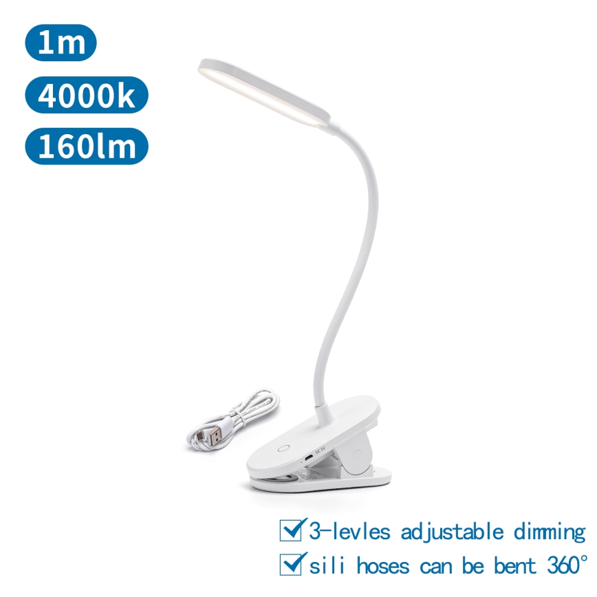 Aigostar - LED Hämardatav laetav laualamp klambriga LED/2,5W/5V 1200mAh valge