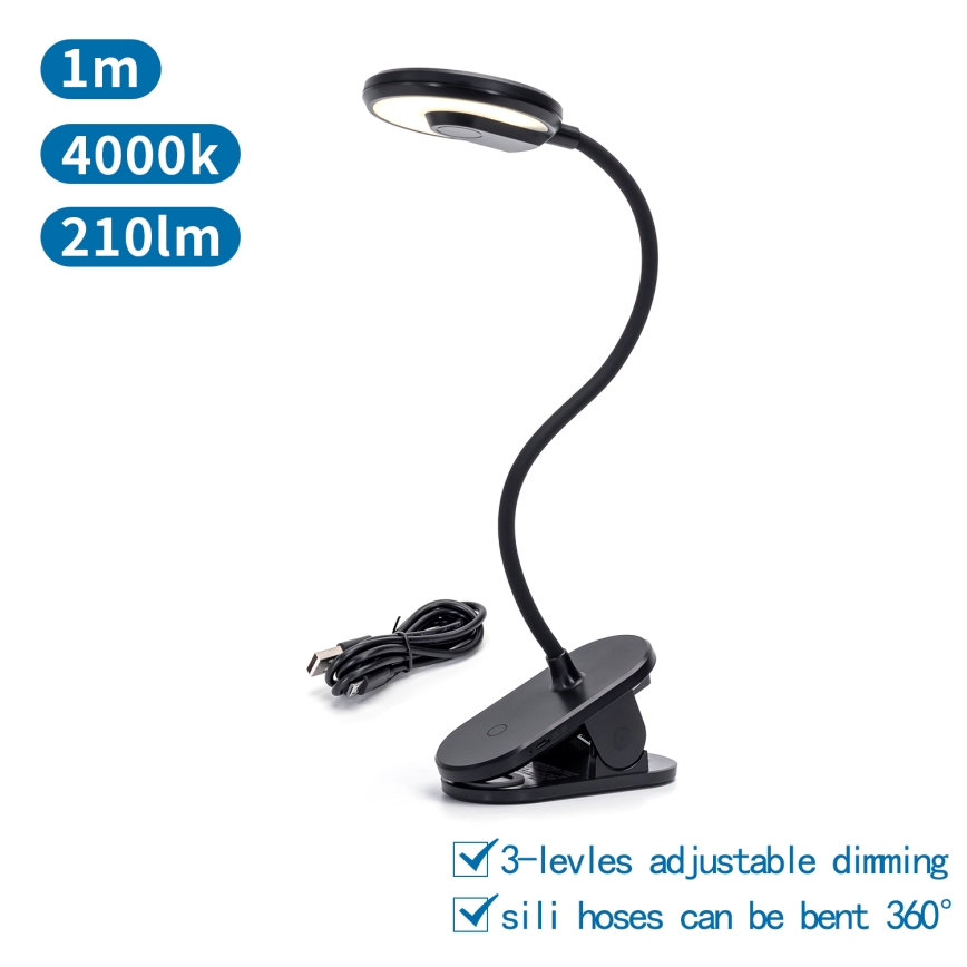Aigostar - LED Hämardatav laetav laualamp klambriga LED/3W/5V 1800mAh must