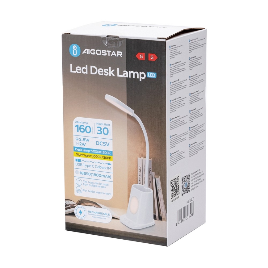 Aigostar - LED Hämardatav laetav laualamp LED/2,8W/5V 1800mAh 3000/5000K valge