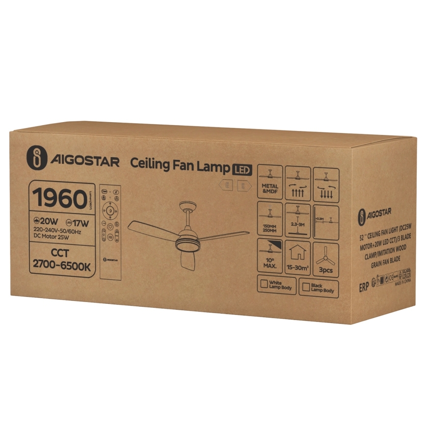 Aigostar - LED Hämardatav laeventilaator LED/20W/230V 2700-6500K 132cm pruun + kaugjuhtimispult