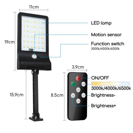 Aigostar - LED Hämardatav päikesepaneeliga lamp anduriga LED/2,3W/5,5V IP65 1800 mAh + kaugjuhtimispult