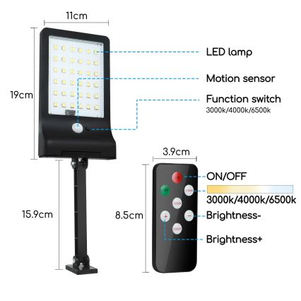 Aigostar - LED Hämardatav päikesepaneeliga lamp anduriga LED/2,3W/5,5V IP65 + kaugjuhtimispult