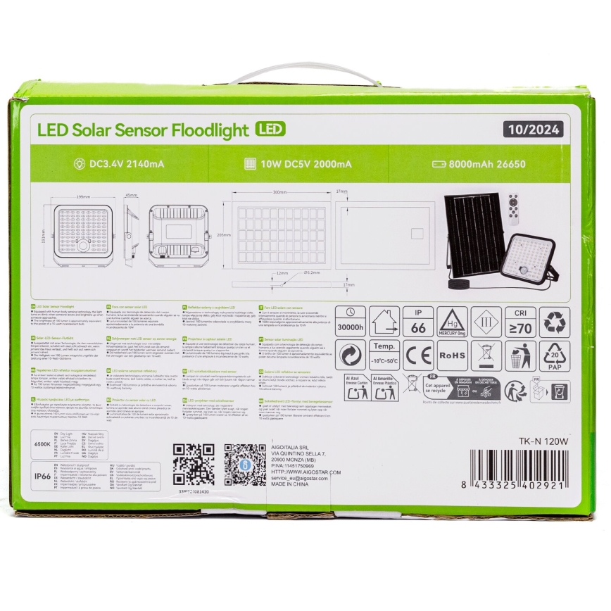 Aigostar - hämardatav päikesepaneeliga LED-prožektor anduriga LED/120W/3,4V 6500K IP66 8000 mAh + kaugjuhtimispult