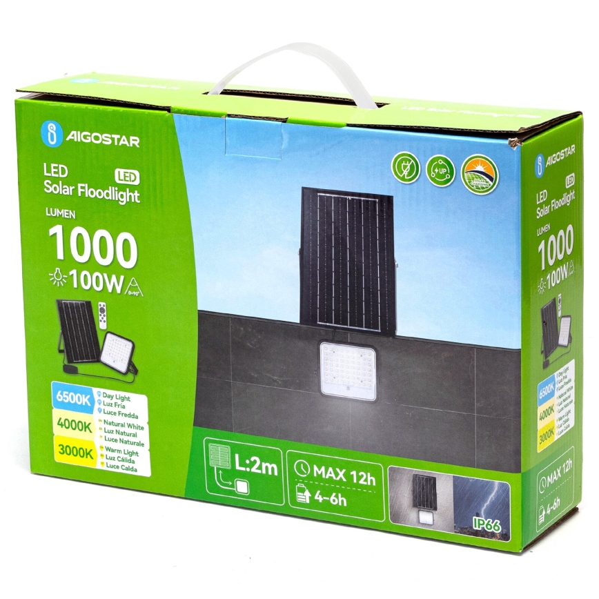 Aigostar - LED Hämardatav päikesepaneeliga prožektor LED/100W/3,4V 3000/4000/6500K IP66 + kaugjuhtimispult