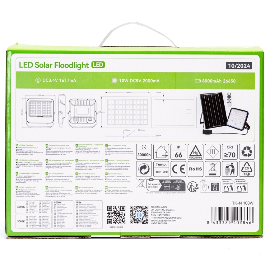 Aigostar - LED Hämardatav päikesepaneeliga prožektor LED/100W/3,4V 3000/4000/6500K IP66 + kaugjuhtimispult