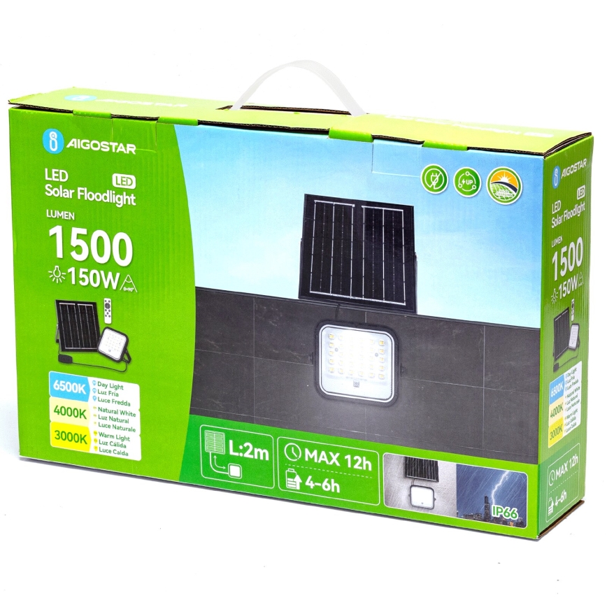 Aigostar - LED Hämardatav päikesepaneeliga prožektor LED/150W/3,4V 3000/4000/6500K IP66 + kaugjuhtimispult