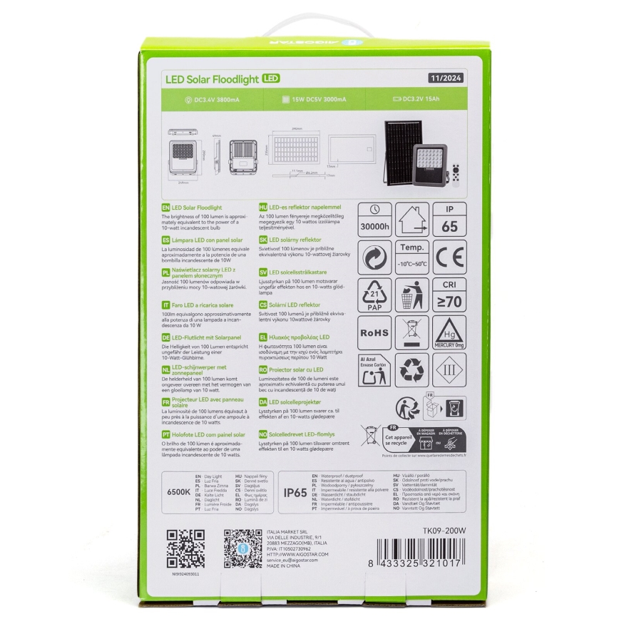 Aigostar - LED Hämardatav päikesepaneeliga prožektor LED/200W/3,4V IP65 + kaugjuhtimispult