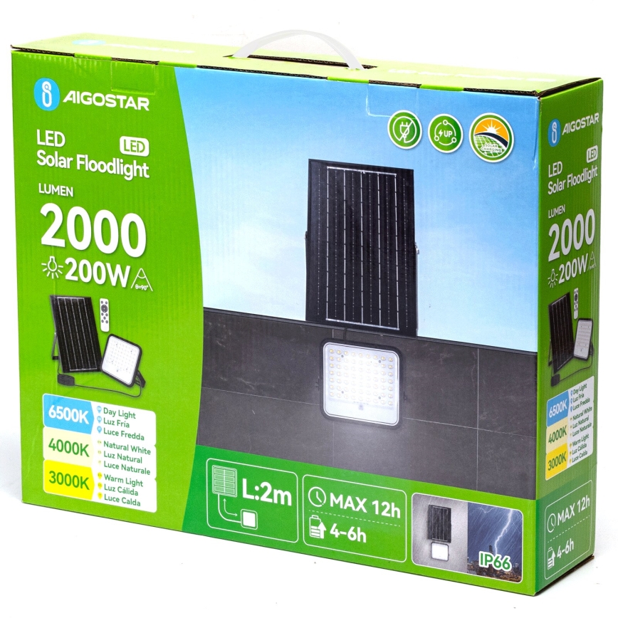 Aigostar - LED Hämardatav päikesepaneeliga prožektor LED/200W/3,4V 3000/4000/6500K IP66 + kaugjuhtimispult