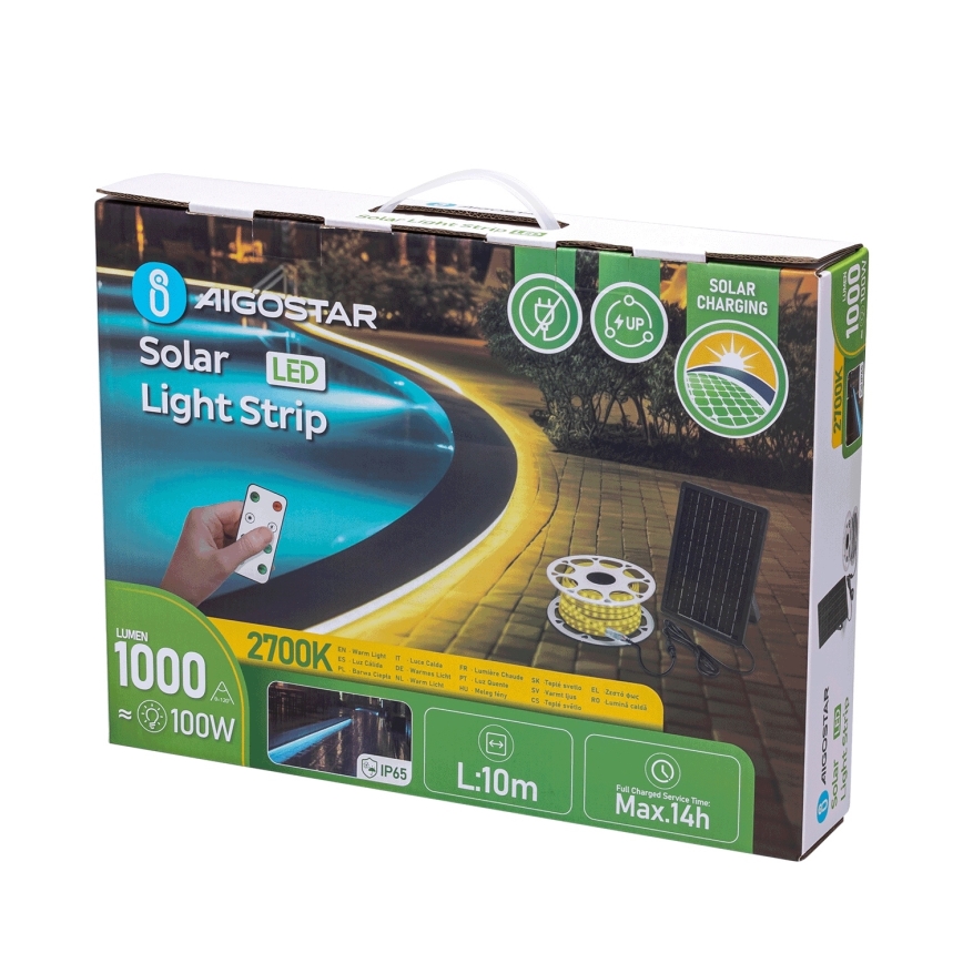 Aigostar - LED Hämardatav päikesepaneeliga riba LED/10W/3,2V 10 m 2700K IP65 + kaugjuhtimispult