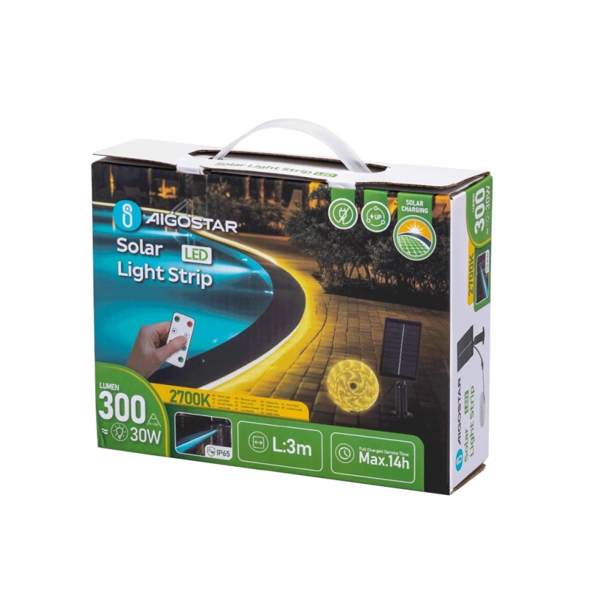 Aigostar - LED Hämardatav päikesepaneeliga valgusriba LED/1,6W/3,2V 3 m 2700K IP65 1800 mAh + kaugjuhtimispult
