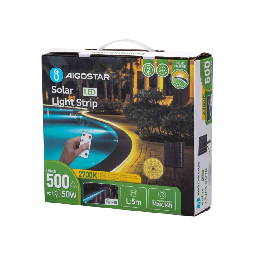 Aigostar - LED Hämardatav päikesepaneeliga valgusriba LED/5W/3,2V 5 m 2700K IP65 4000 mAh + kaugjuhtimispult