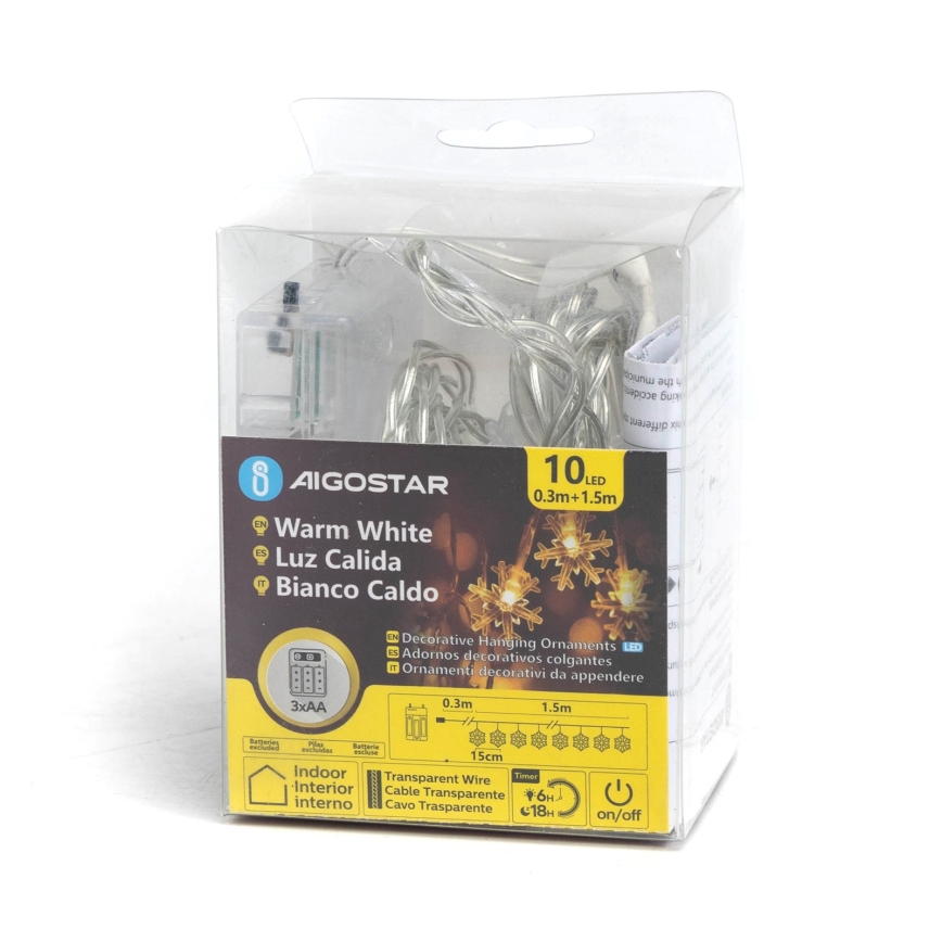 Aigostar - LED jõulivalguskett 10xLED/3xAA 1,5m soe valge lumehelbed