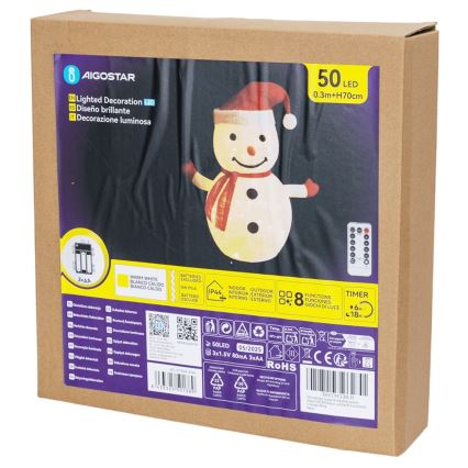 Aigostar - LED väline jõulukaunistus 50xLED/3xAA 0,7m IP44 lumememm + kaugjuhtimispult