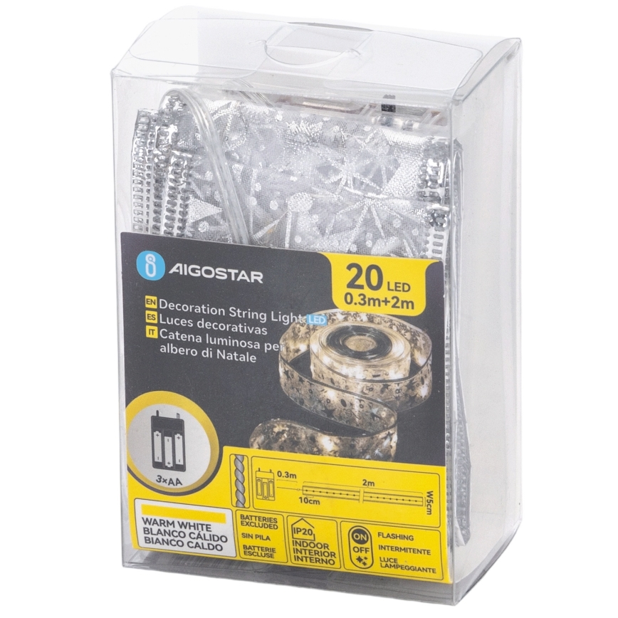 Aigostar - LED jõulutuled 20xLED/3xAA 2 m soe valge hõbedane