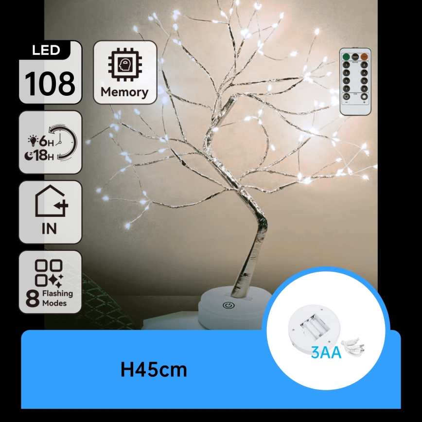 Aigostar - LED jõulukaunistus 108xLED/3xAA/8 funktsiooni 45 cm külmvalge