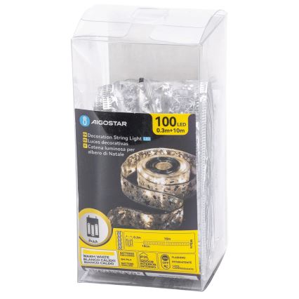Aigostar - LED jõulukett 100xLED/3xAA 10 m soe valge hõbedane