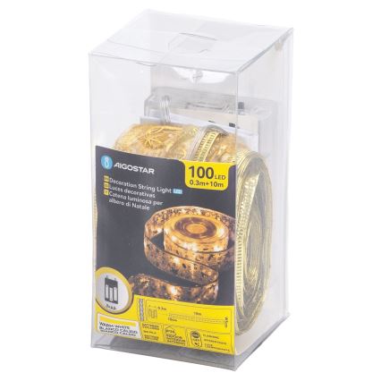 Aigostar - LED jõulukett 100xLED/3xAA 10 m soe valge kuldne