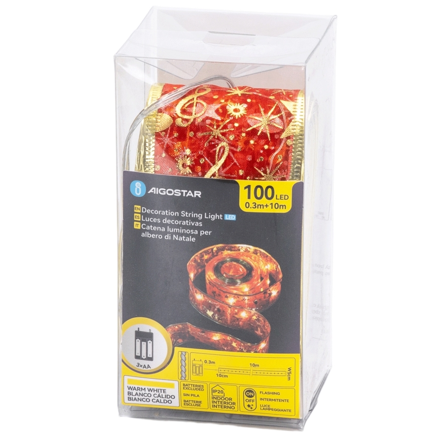 Aigostar - 10 m LED jõulukett, 100 LEDi, 3× AA, soe valge, punane