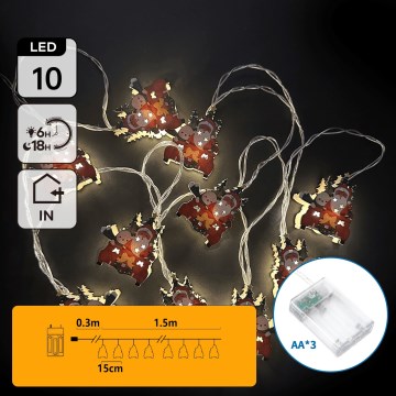 Aigostar - LED jõulukett 10xLED/3xAA 1,5m soe valge kelgukujulised