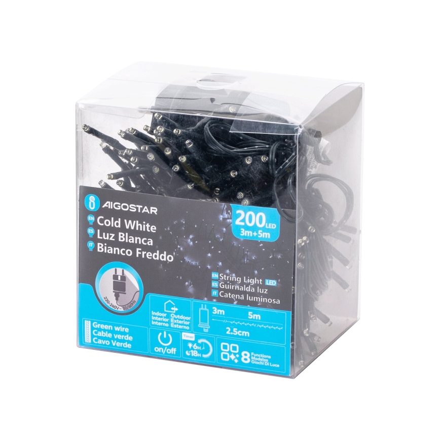 Aigostar - LED-jõulukett väliseks kasutamiseks, 200 LEDi, 8 funktsiooni, 8 m, IP44, külmvalge