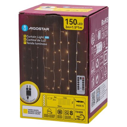 Aigostar - LED välistingimustele mõeldud jõulutuled 150xLED/6W/230V/8 funktsiooniga 1,5x1m IP44 soe valge + kaugjuhtimispult