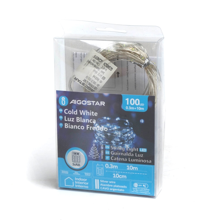 Aigostar - LED Jõuluteemaline valguskett 100xLED/3xAA 10,3m külm valge