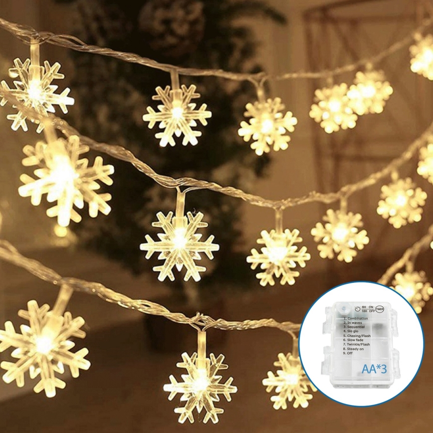 Aigostar - LED Jõuluteemaline valguskett 20xLED/3xAA 3,3m lumehelbed
