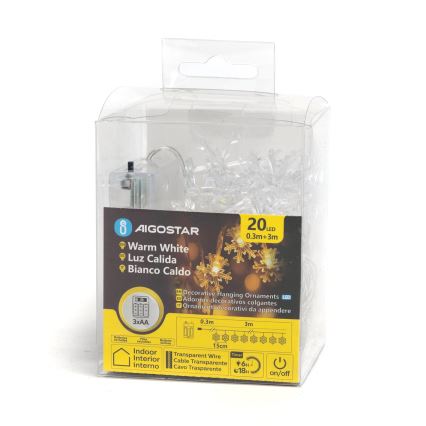 Aigostar - LED Jõuluteemaline valguskett 20xLED/3xAA 3,3m lumehelbed