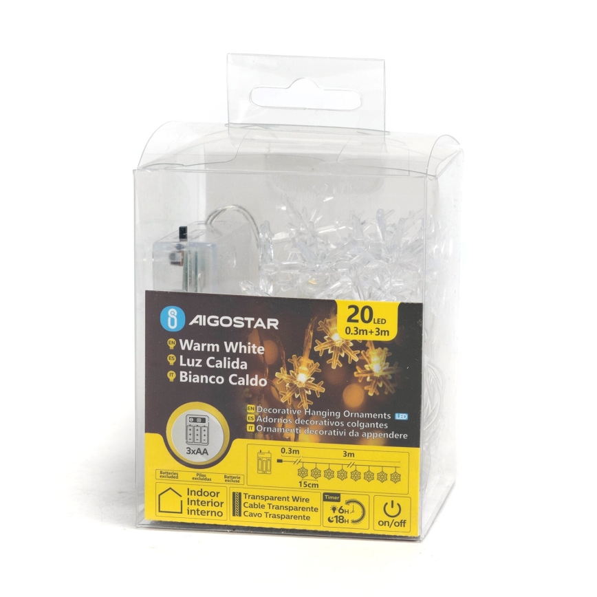 Aigostar - LED Jõuluteemaline valguskett 20xLED/3xAA 3,3m lumehelbed