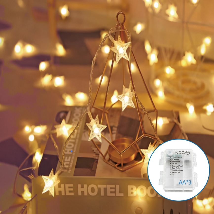 Aigostar - LED Jõuluteemaline valguskett 20xLED/3xAA 3,3m tähed