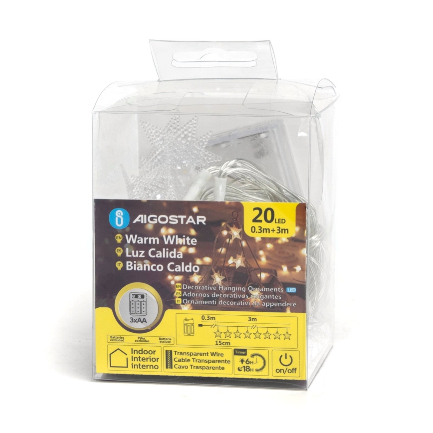 Aigostar - LED Jõuluteemaline valguskett 20xLED/3xAA 3,3m tähed
