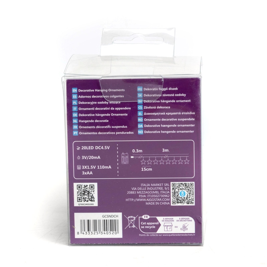 Aigostar - LED Jõuluteemaline valguskett 20xLED/3xAA 3,3m tähed