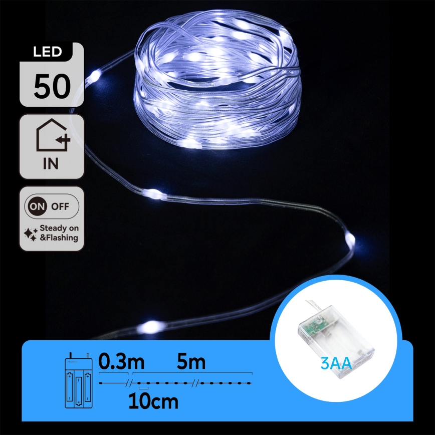 Aigostar - LED Jõuluteemaline valguskett 50xLED/3xAA 5,3m külm valge