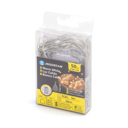 Aigostar - LED Jõuluteemaline valguskett 50xLED/3xAA 5,3m soe valge