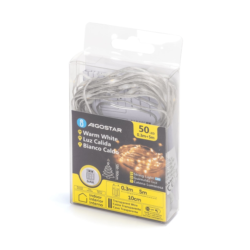 Aigostar - LED Jõuluteemaline valguskett 50xLED/3xAA 5,3m soe valge