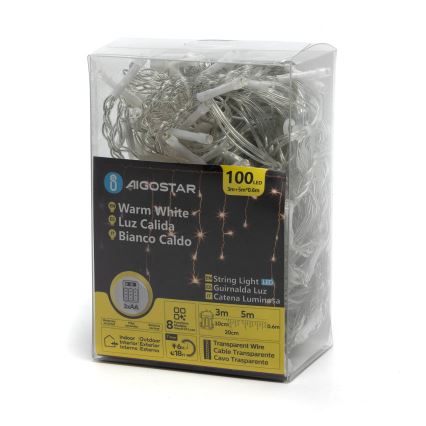 Aigostar-LED Jõuluteemaline väli valguskett 100xLED/8 funktsiooni 3xAA 8x0,6m IP44 soe valge