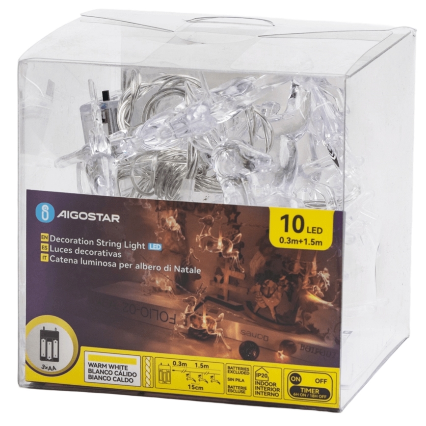 Aigostar - LED jõulutuled 10xLED/3xAA 1,5m soe valge hirved