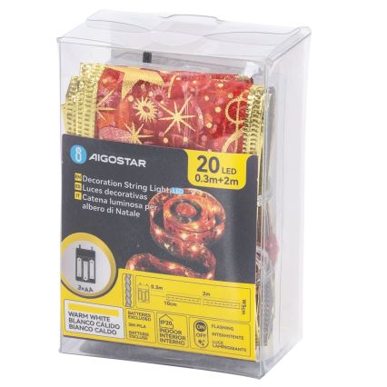 Aigostar - LED jõulukett 20xLED/3xAA 2 m soe valge punane