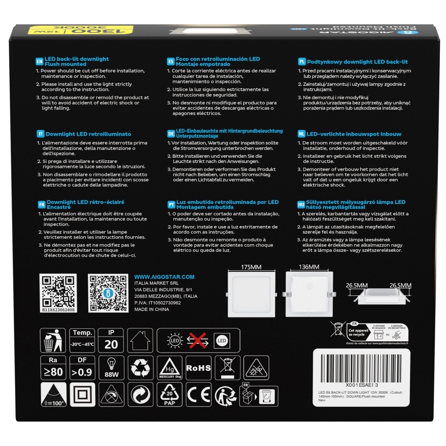 Aigostar - LED Lagi valgusti LED/12W/230V 3000K 17,5x17,5 cm valge