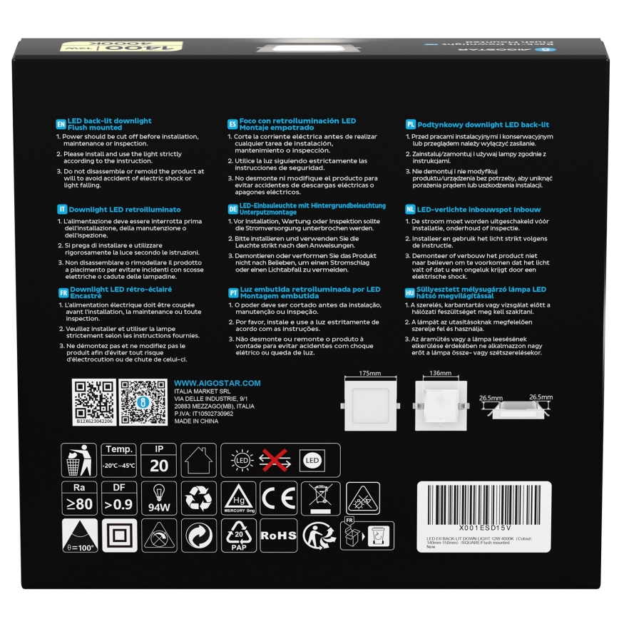 Aigostar - LED Lagi valgusti LED/12W/230V 4000K 17,5x17,5 cm valge